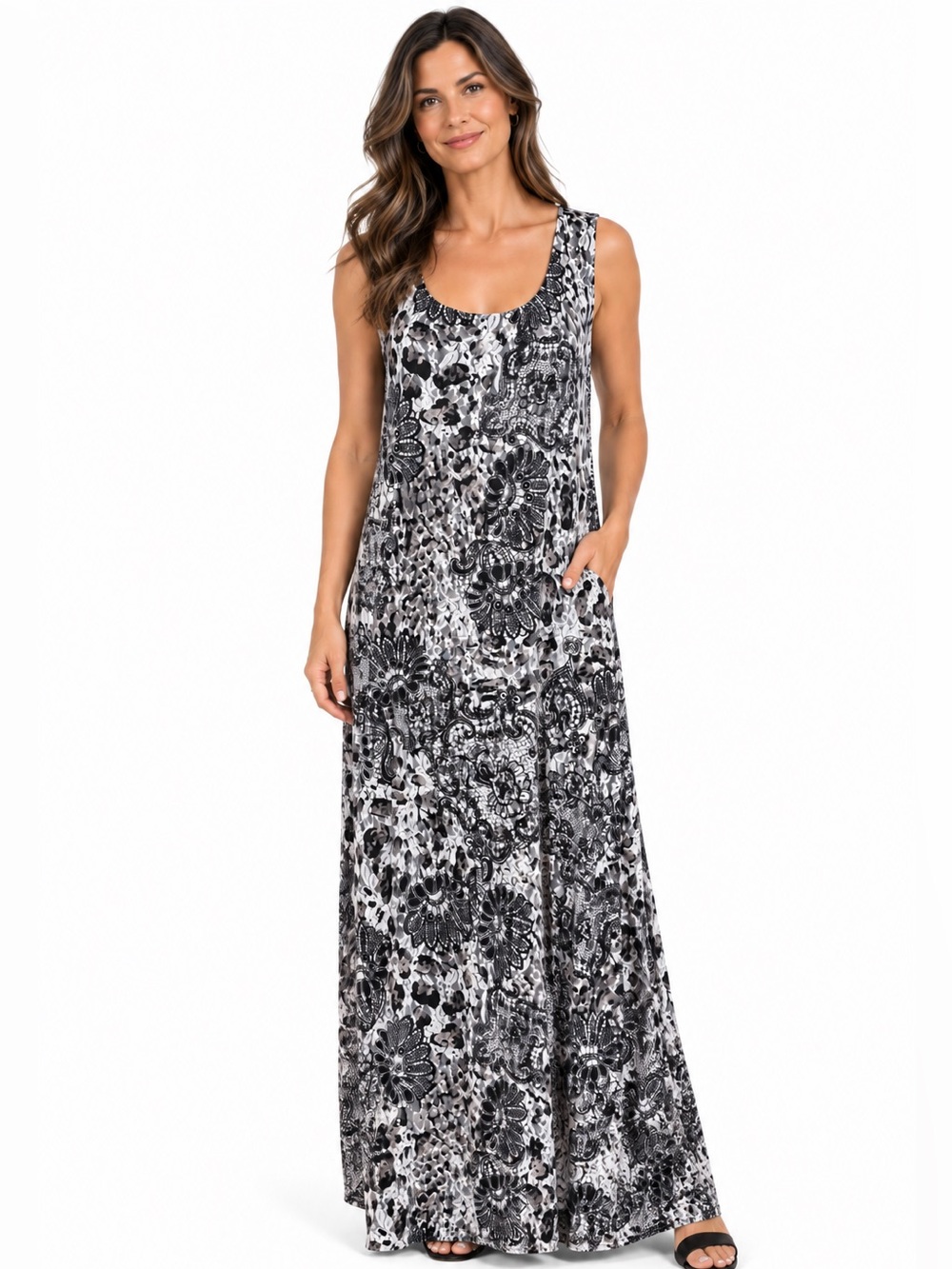 LANE BRYANT Sleeveless Black White Floral Lace Print Stretch Maxi Dress Size 18